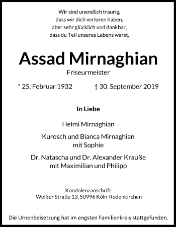Anzeige von Assad Mirnaghian von Kölner Stadt-Anzeiger / Kölnische Rundschau / Express