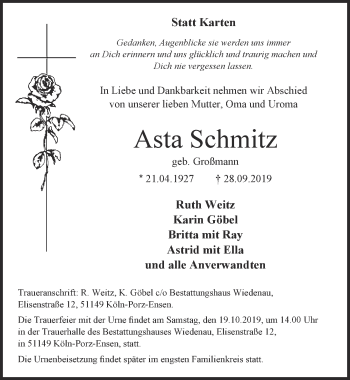 Anzeige von Asta Schmitz von  Kölner Wochenspiegel 