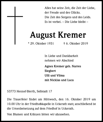 Anzeige von August Kremer von Kölner Stadt-Anzeiger / Kölnische Rundschau / Express