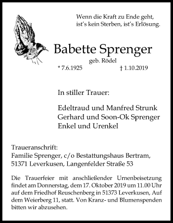 Anzeige von Babette Sprenger von Kölner Stadt-Anzeiger / Kölnische Rundschau / Express