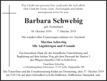 Anzeige von Barbara Schwebig von  Kölner Wochenspiegel 