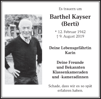 Anzeige von Barthel Kayser von  Sonntags-Post 