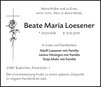 Anzeige von Beate Maria Loesener von  Blickpunkt Euskirchen 
