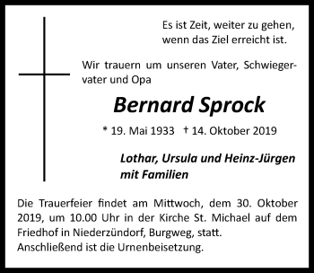 Anzeige von Bernard Sprock von  Kölner Wochenspiegel 