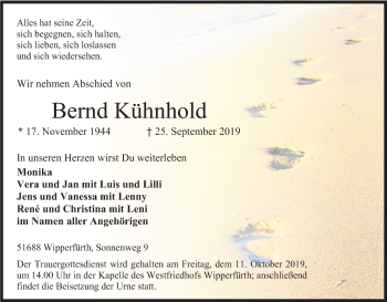 Anzeige von Bernd Kühnhold von Kölner Stadt-Anzeiger / Kölnische Rundschau / Express