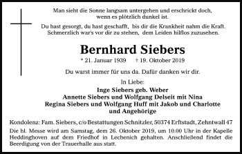 Anzeige von Bernhard Siebers von Kölner Stadt-Anzeiger / Kölnische Rundschau / Express