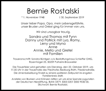 Anzeige von Bernie Rostalski von Kölner Stadt-Anzeiger / Kölnische Rundschau / Express