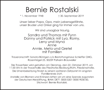 Anzeige von Bernie Rostalski von  Werbepost 