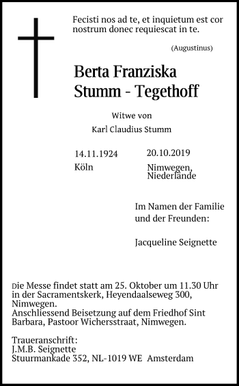 Anzeige von Berta Franziska Stumm-Tegethoff von Kölner Stadt-Anzeiger / Kölnische Rundschau / Express