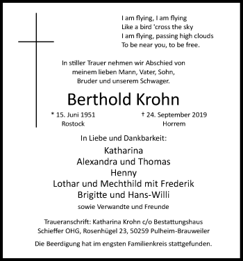 Anzeige von Berthold Krohn von Kölner Stadt-Anzeiger / Kölnische Rundschau / Express