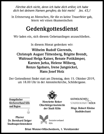 Anzeige von Bestattungen vom 12.10.2019 von Kölner Stadt-Anzeiger / Kölnische Rundschau / Express