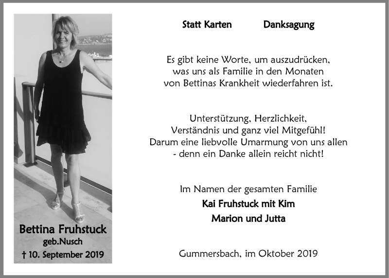  Traueranzeige für Bettina Fruhstuck vom 23.10.2019 aus  Anzeigen Echo 
