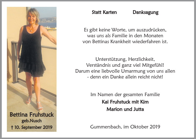  Traueranzeige für Bettina Fruhstuck vom 19.10.2019 aus Kölner Stadt-Anzeiger / Kölnische Rundschau / Express
