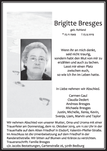 Anzeige von Brigitte Bresges von  Sonntags-Post 