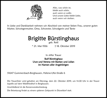 Anzeige von Brigitte Bürstinghaus von Kölner Stadt-Anzeiger / Kölnische Rundschau / Express