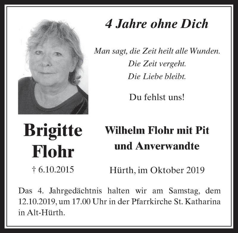  Traueranzeige für Brigitte Flohr vom 09.10.2019 aus  Wochenende 