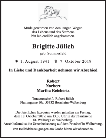 Anzeige von Brigitte Jülich von  Schlossbote/Werbekurier 