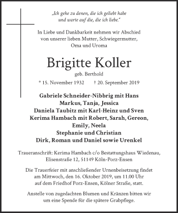 Anzeige von Brigitte Koller von  Kölner Wochenspiegel 