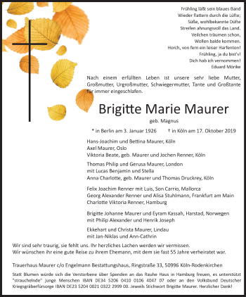 Anzeige von Brigitte Marie Maurer von Kölner Stadt-Anzeiger / Kölnische Rundschau / Express