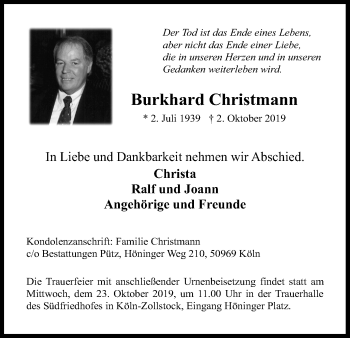 Anzeige von Burkhard Christmann von Kölner Stadt-Anzeiger / Kölnische Rundschau / Express