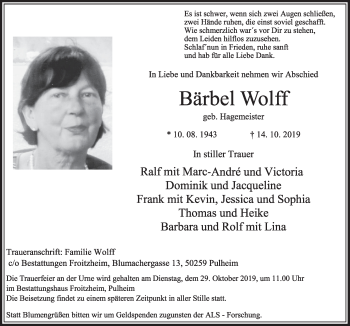Anzeige von Bärbel Wolff von  Sonntags-Post 