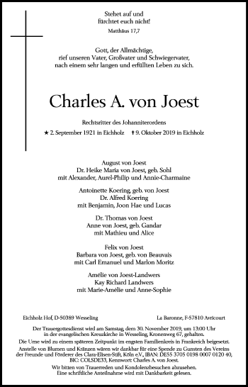 Anzeige von Charles A.  von Joest von Kölner Stadt-Anzeiger / Kölnische Rundschau / Express