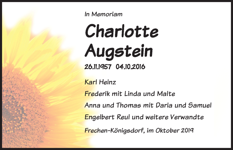  Traueranzeige für Charlotte Augstein vom 05.10.2019 aus Kölner Stadt-Anzeiger / Kölnische Rundschau / Express