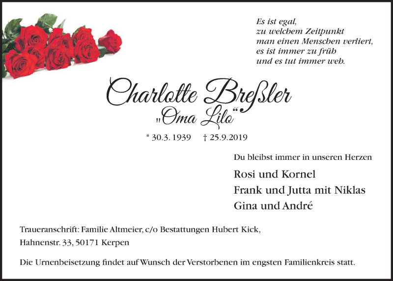  Traueranzeige für Charlotte Breßler vom 02.10.2019 aus  Werbepost 