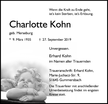 Anzeige von Charlotte Kohn von Kölner Stadt-Anzeiger / Kölnische Rundschau / Express