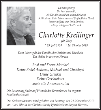 Anzeige von Charlotte Kreilinger von  Sonntags-Post 