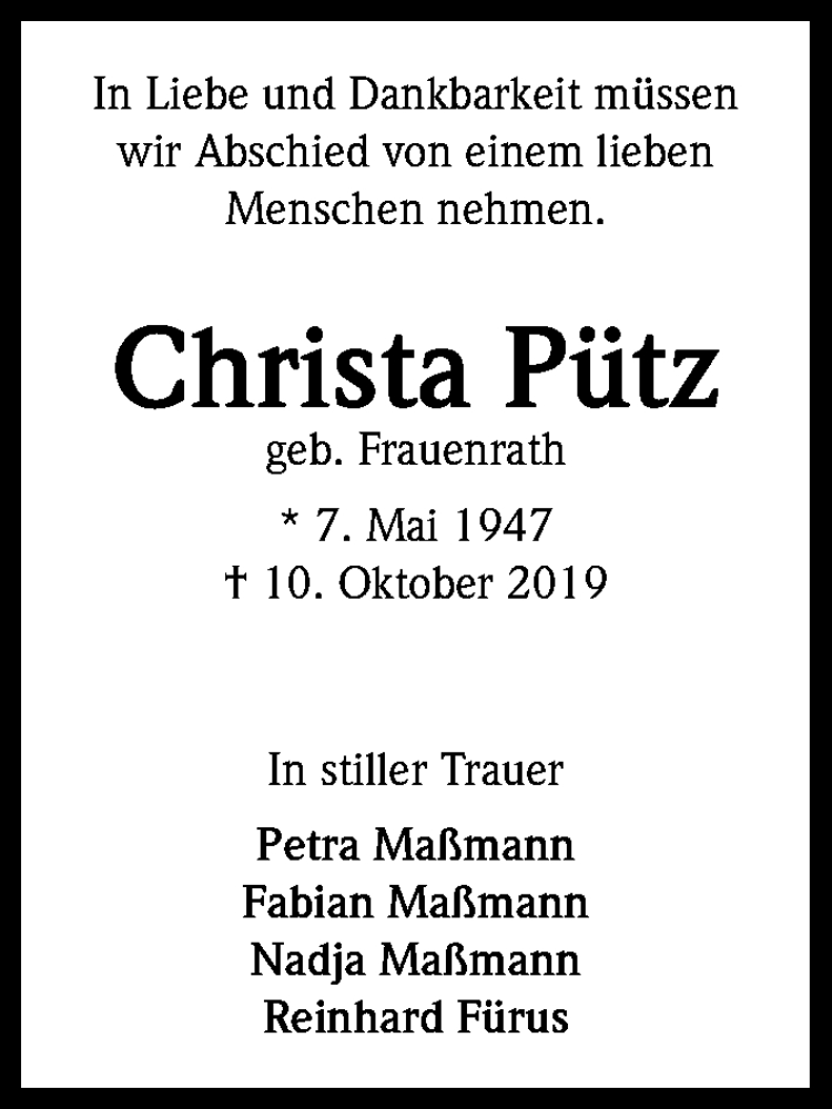  Traueranzeige für Christa Pütz vom 19.10.2019 aus Kölner Stadt-Anzeiger / Kölnische Rundschau / Express