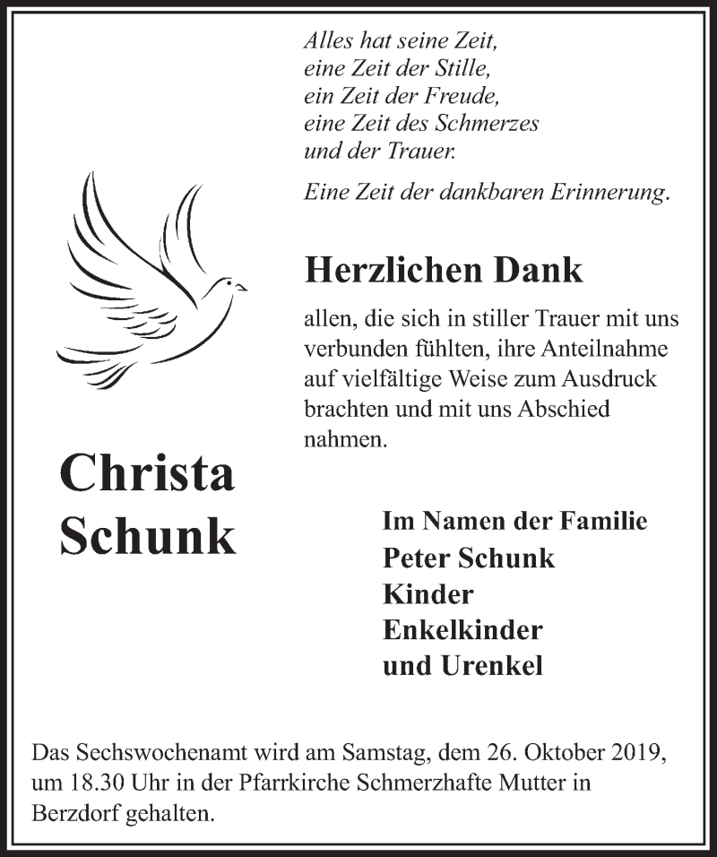  Traueranzeige für Christa Schunk vom 23.10.2019 aus  Schlossbote/Werbekurier 