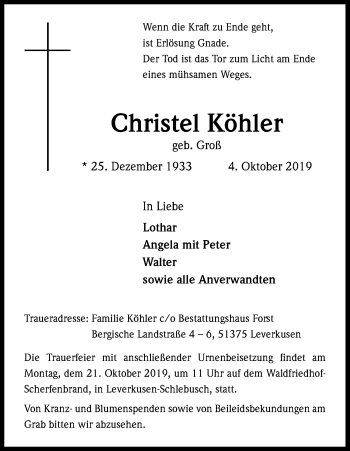 Anzeige von Christel Köhler von Kölner Stadt-Anzeiger / Kölnische Rundschau / Express