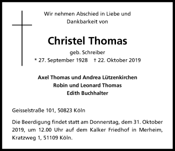 Anzeige von Christel Thomas von Kölner Stadt-Anzeiger / Kölnische Rundschau / Express