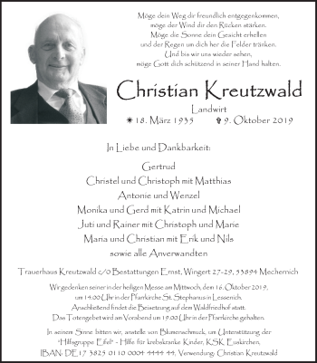 Anzeige von Christian Kreutzwald von  Blickpunkt Euskirchen 
