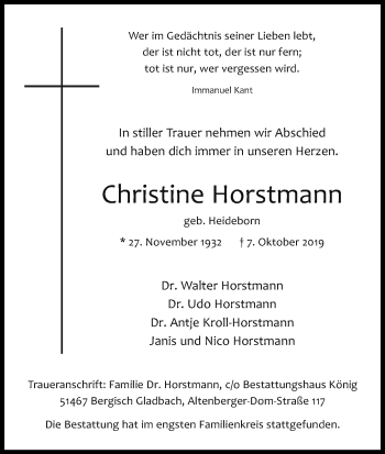 Anzeige von Christine Horstmann von Kölner Stadt-Anzeiger / Kölnische Rundschau / Express