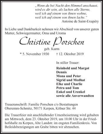 Anzeige von Christine Porschen von  Sonntags-Post 