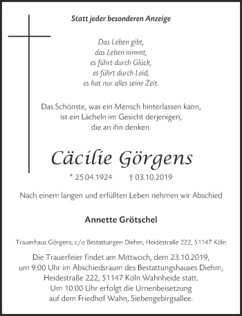 Anzeige von Cäcilie Görgens von  Kölner Wochenspiegel 