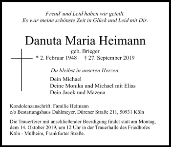 Anzeige von Danuta Maria Heimann von Kölner Stadt-Anzeiger / Kölnische Rundschau / Express