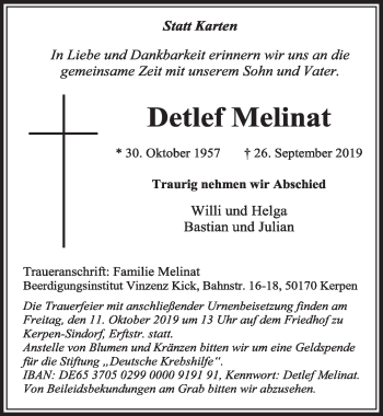 Anzeige von Detlef Melinat von  Sonntags-Post 