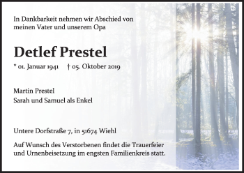 Anzeige von Detlef Prestel von Kölner Stadt-Anzeiger / Kölnische Rundschau / Express