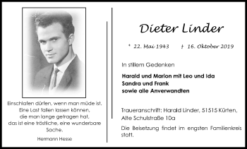 Anzeige von Dieter Linder von Kölner Stadt-Anzeiger / Kölnische Rundschau / Express