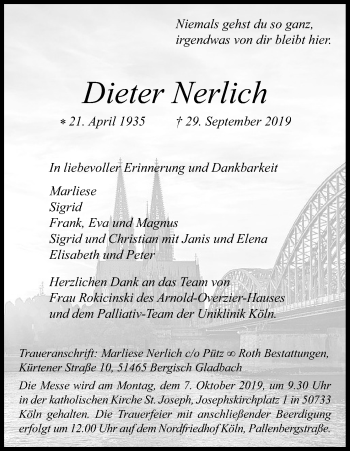 Anzeige von Dieter Nerlich von Kölner Stadt-Anzeiger / Kölnische Rundschau / Express