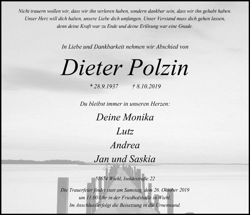  Traueranzeige für Dieter Polzin vom 16.10.2019 aus  Anzeigen Echo 