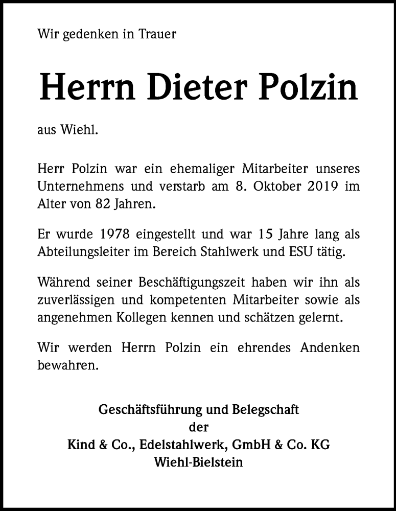  Traueranzeige für Dieter Polzin vom 19.10.2019 aus Kölner Stadt-Anzeiger / Kölnische Rundschau / Express