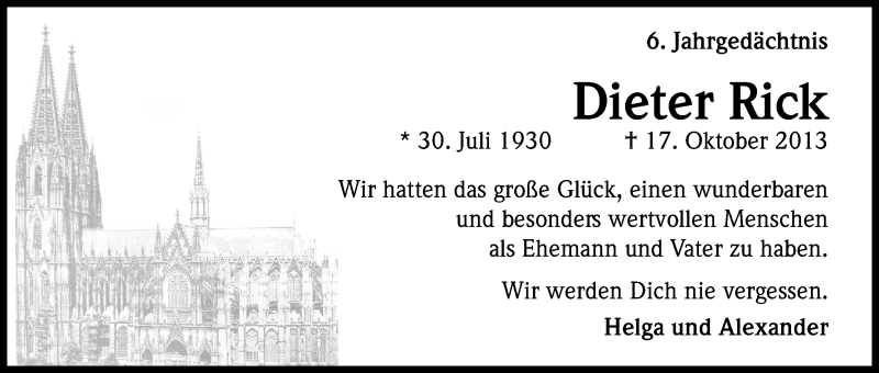  Traueranzeige für Dieter Rick vom 17.10.2019 aus Kölner Stadt-Anzeiger / Kölnische Rundschau / Express