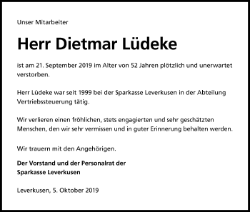 Anzeige von Dietmar Lüdeke von Kölner Stadt-Anzeiger / Kölnische Rundschau / Express