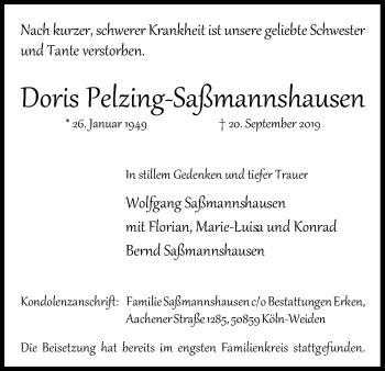 Anzeige von Doris Pelzing-Saßmannhausen von Kölner Stadt-Anzeiger / Kölnische Rundschau / Express