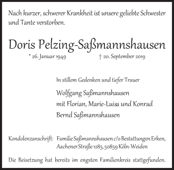 Anzeige von Doris Pelzing-Saßmannshausen von  Wochenende 