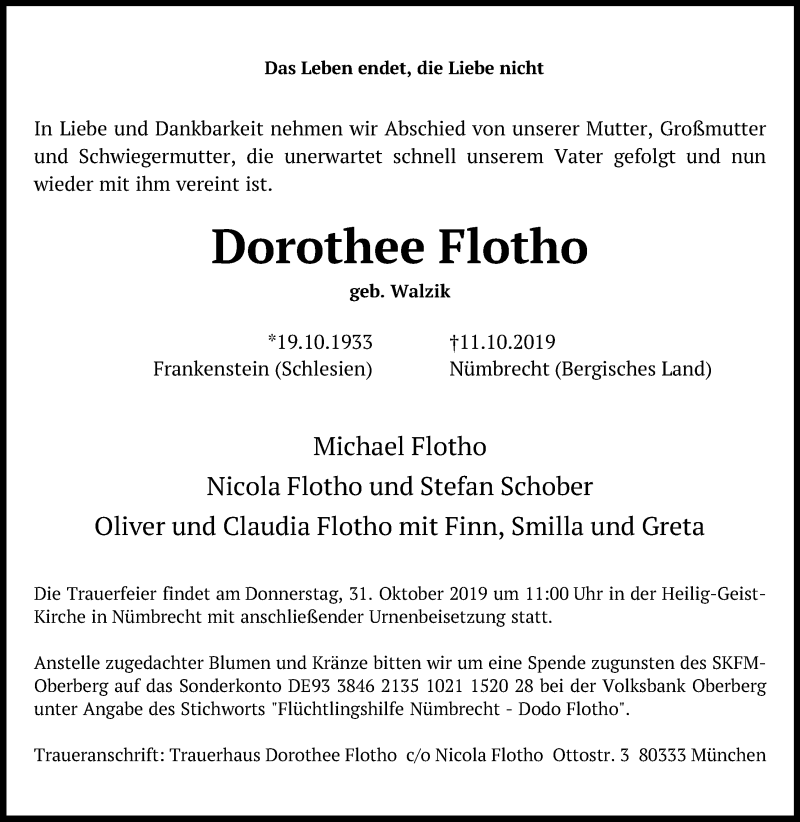  Traueranzeige für Dorothee Flotho vom 26.10.2019 aus Kölner Stadt-Anzeiger / Kölnische Rundschau / Express